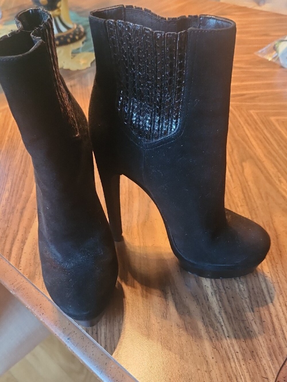 Rachel Zoe Platform Black Suede Ankle Booties with Elastic Python Side Panels - Picture 2 of 5